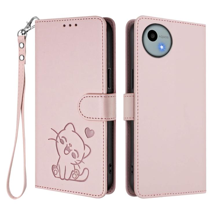 For Sharp Aquos wish4 Embossed Heart Cat Leather Phone Case with Hand Strap