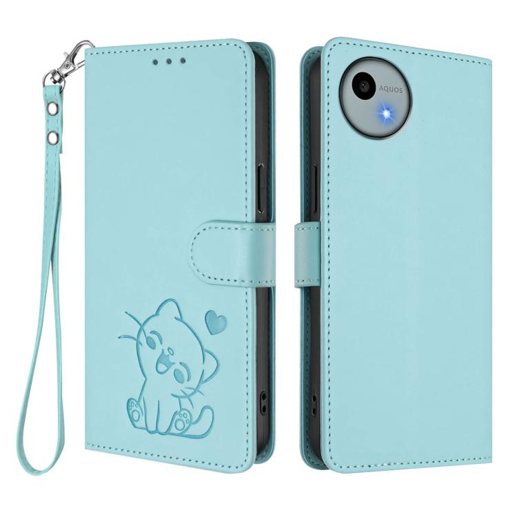 For Sharp Aquos wish4 Embossed Heart Cat Leather Phone Case with Hand Strap