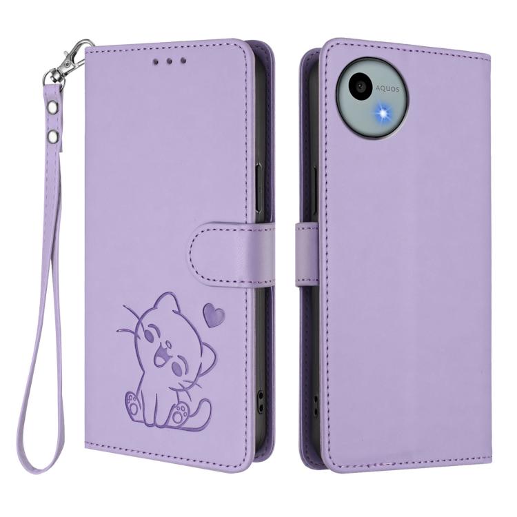 For Sharp Aquos wish4 Embossed Heart Cat Leather Phone Case with Hand Strap