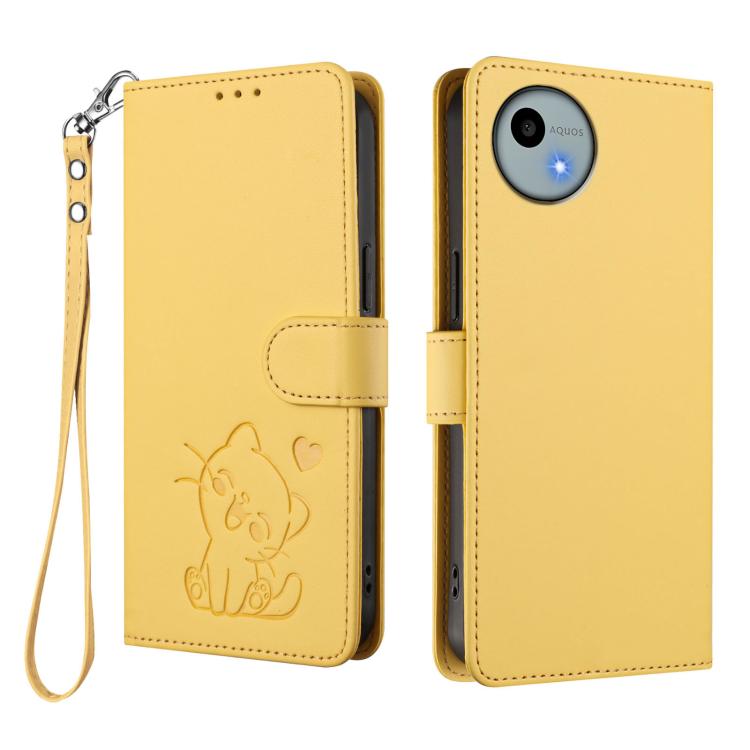For Sharp Aquos wish4 Embossed Heart Cat Leather Phone Case with Hand Strap