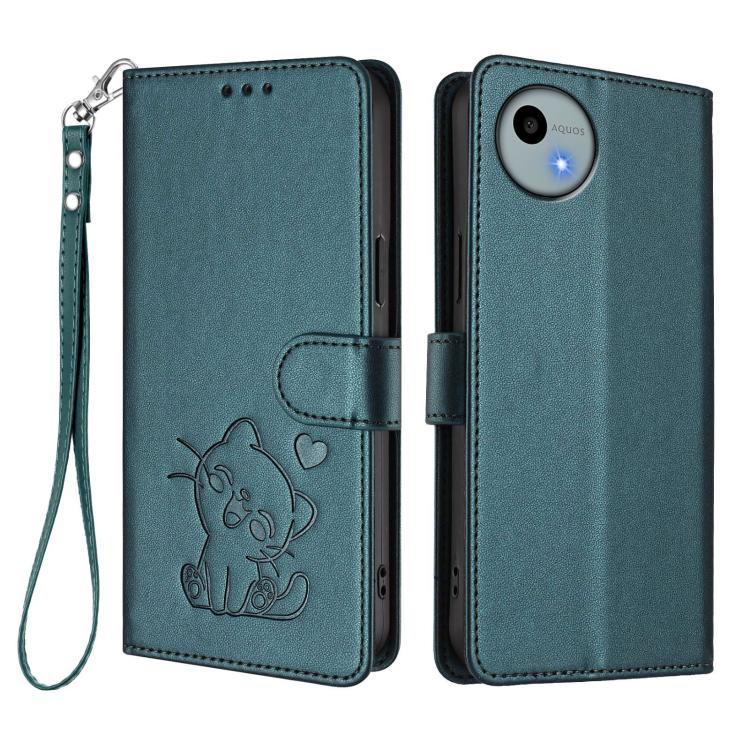 For Sharp Aquos wish4 Embossed Heart Cat Leather Phone Case with Hand Strap