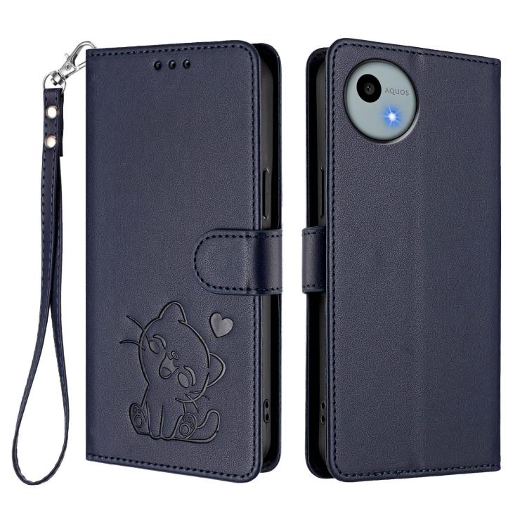 For Sharp Aquos wish4 Embossed Heart Cat Leather Phone Case with Hand Strap