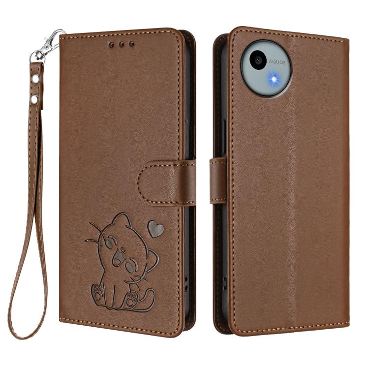 For Sharp Aquos wish4 Embossed Heart Cat Leather Phone Case with Hand Strap