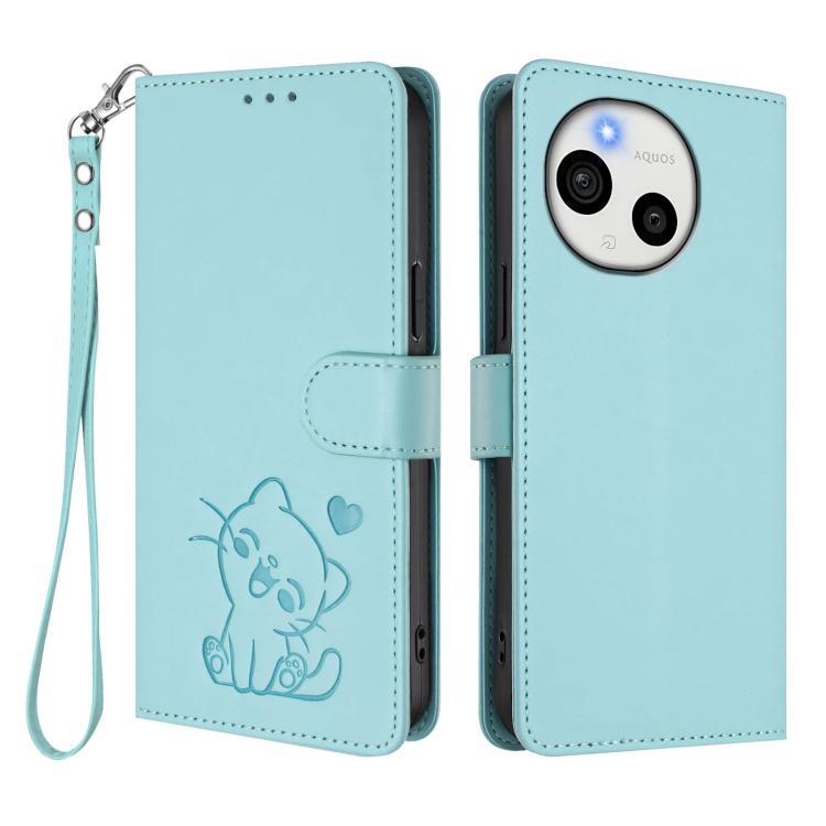 For Sharp Aquos Sense9 Embossed Heart Cat Leather Phone Case with Hand Strap
