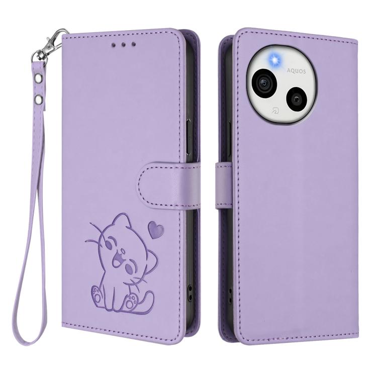 For Sharp Aquos Sense9 Embossed Heart Cat Leather Phone Case with Hand Strap