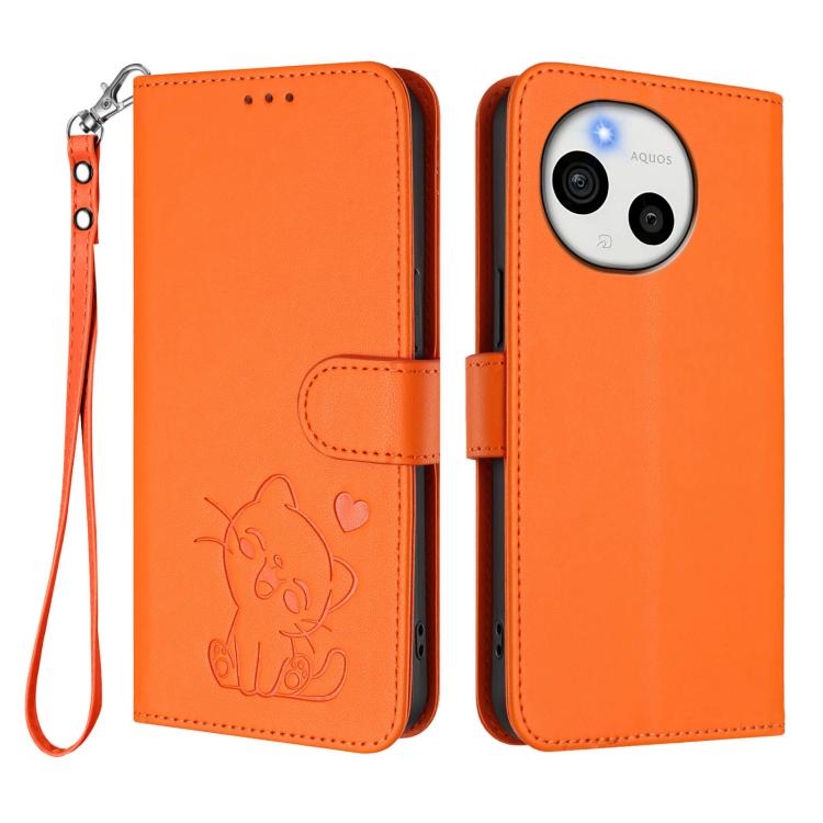 For Sharp Aquos Sense9 Embossed Heart Cat Leather Phone Case with Hand Strap