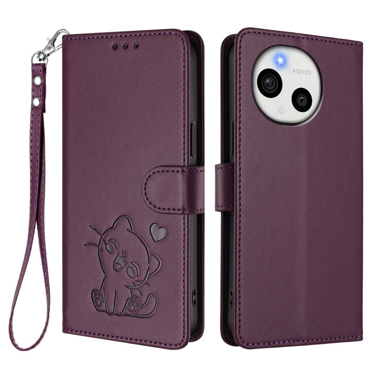 For Sharp Aquos Sense9 Embossed Heart Cat Leather Phone Case with Hand Strap