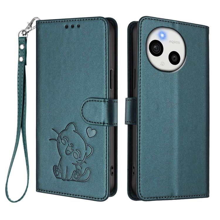 For Sharp Aquos Sense9 Embossed Heart Cat Leather Phone Case with Hand Strap