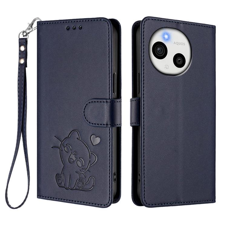 For Sharp Aquos Sense9 Plus Embossed Heart Cat Leather Phone Case with Hand Strap