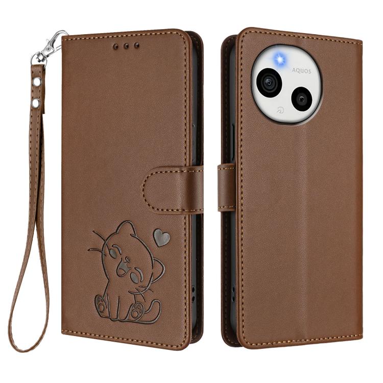 For Sharp Aquos Sense9 Plus Embossed Heart Cat Leather Phone Case with Hand Strap