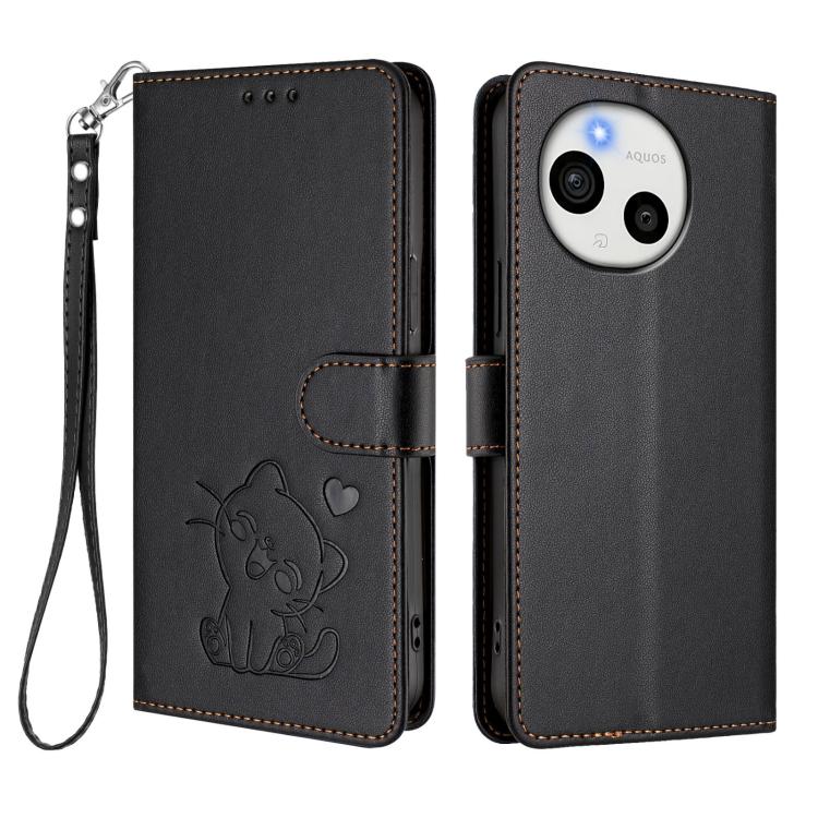For Sharp Aquos Sense9 Plus Embossed Heart Cat Leather Phone Case with Hand Strap