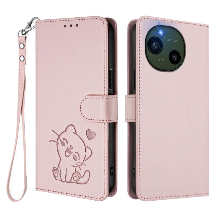 For Sharp Aquos R10 Embossed Heart Cat Leather Phone Case with Hand Strap