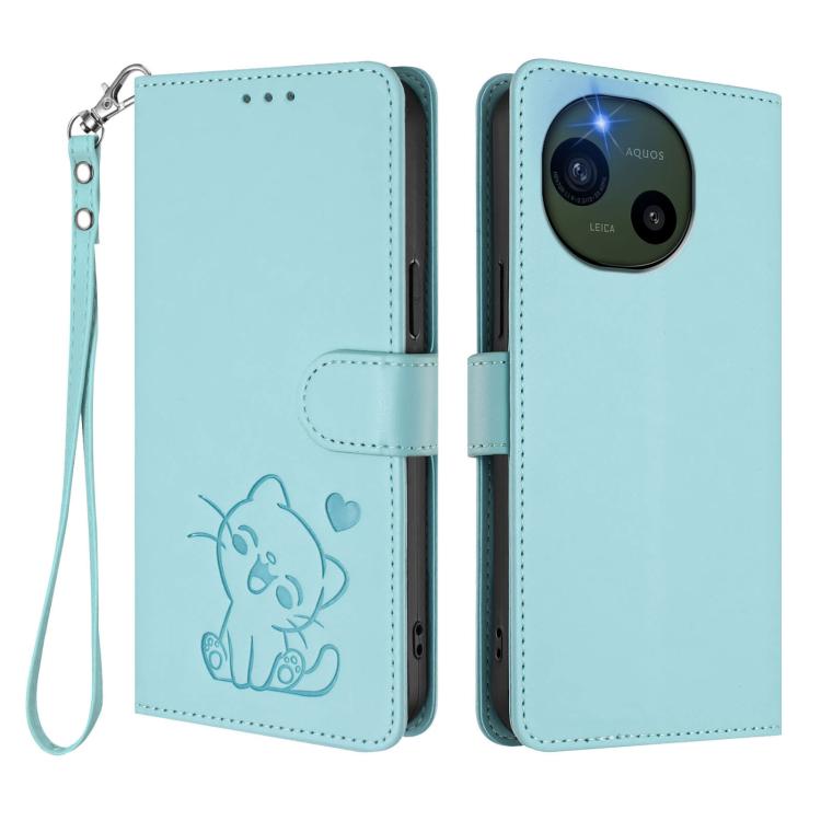 For Sharp Aquos R10 Embossed Heart Cat Leather Phone Case with Hand Strap
