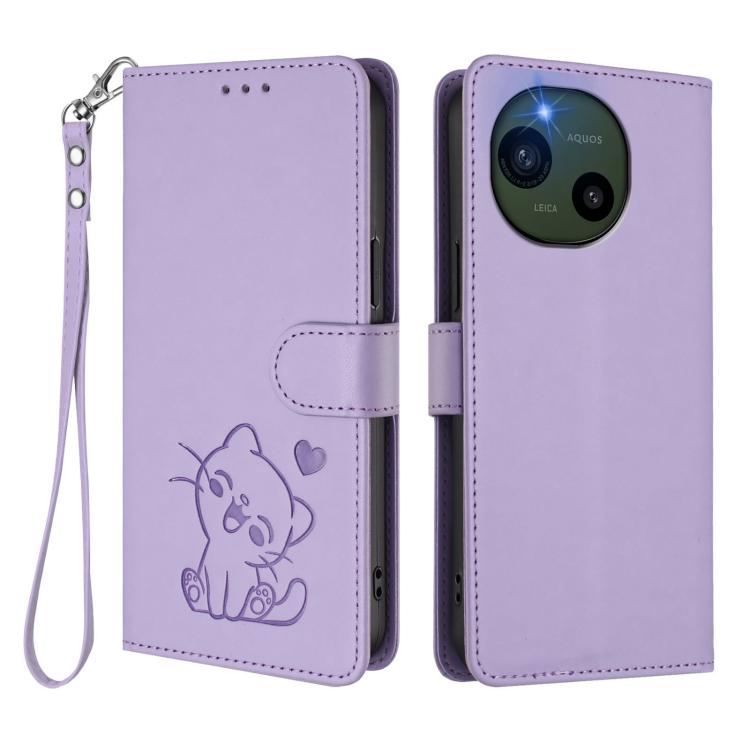 For Sharp Aquos R10 Embossed Heart Cat Leather Phone Case with Hand Strap