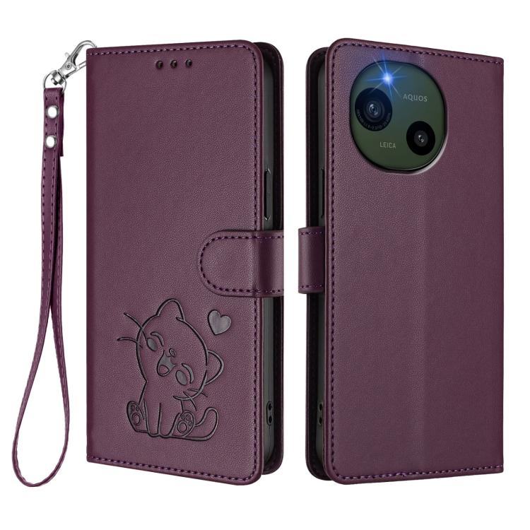 For Sharp Aquos R10 Embossed Heart Cat Leather Phone Case with Hand Strap