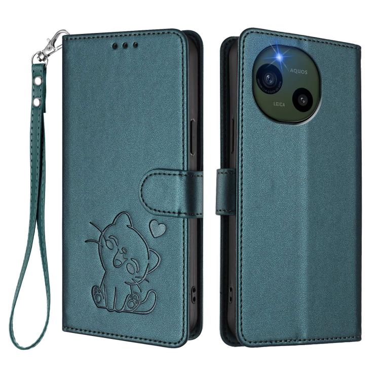 For Sharp Aquos R10 Embossed Heart Cat Leather Phone Case with Hand Strap