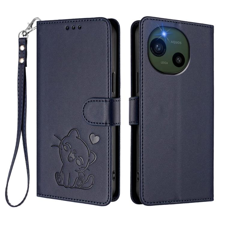 For Sharp Aquos R10 Embossed Heart Cat Leather Phone Case with Hand Strap
