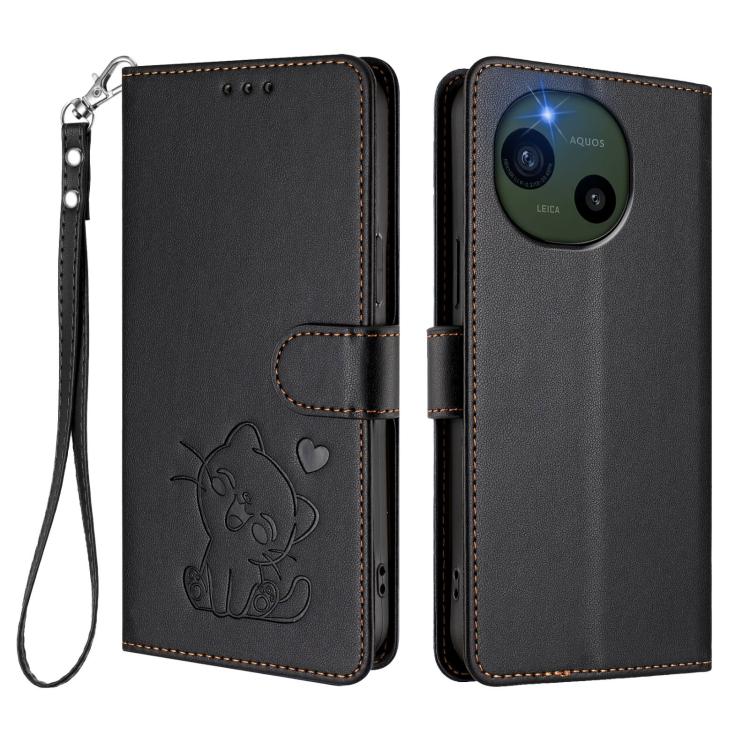 For Sharp Aquos R10 Embossed Heart Cat Leather Phone Case with Hand Strap