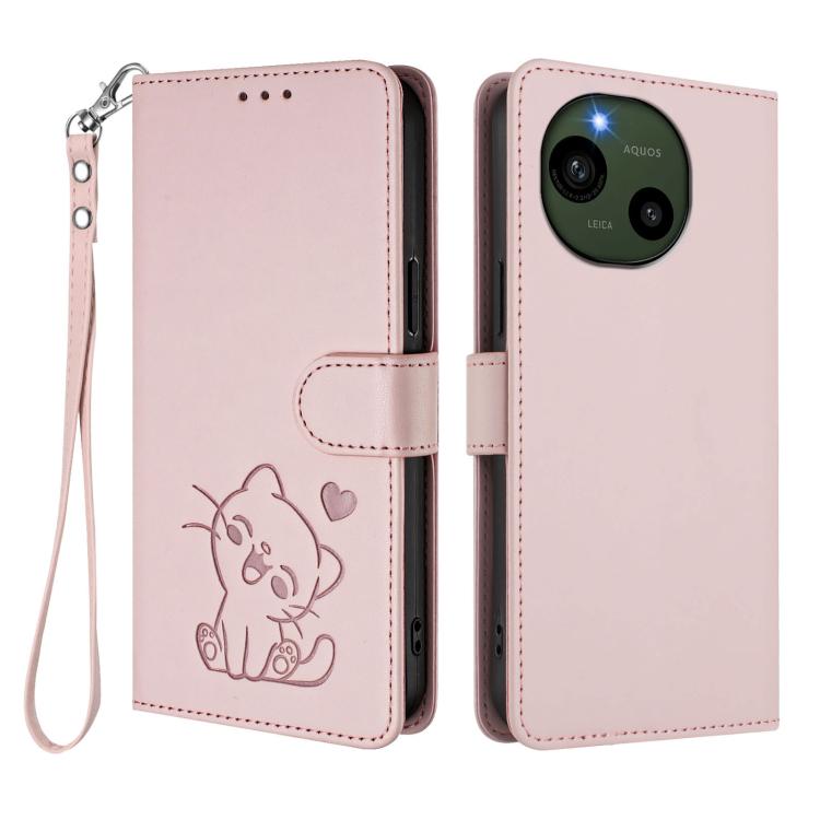 For Sharp Aquos R9 Embossed Heart Cat Leather Phone Case with Hand Strap