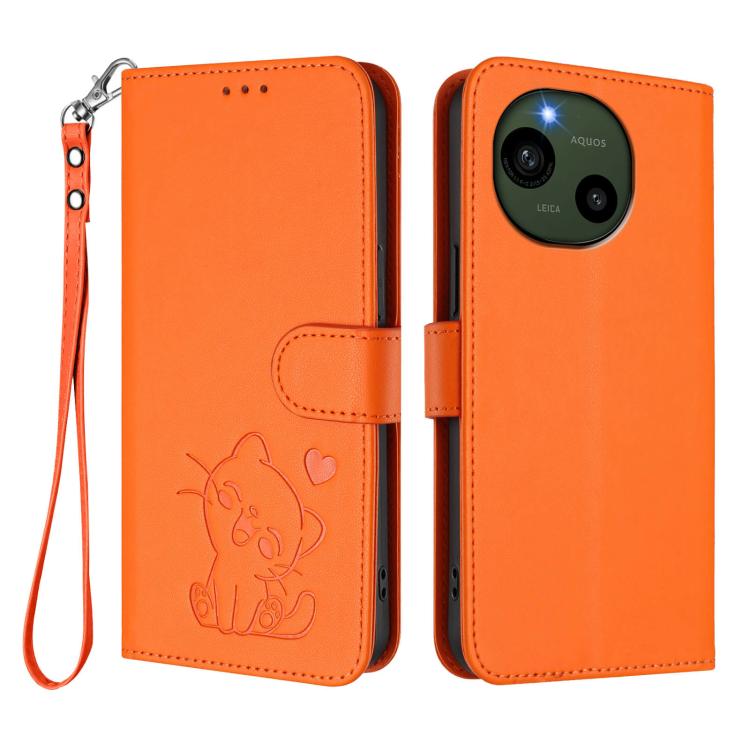 For Sharp Aquos R9 Embossed Heart Cat Leather Phone Case with Hand Strap