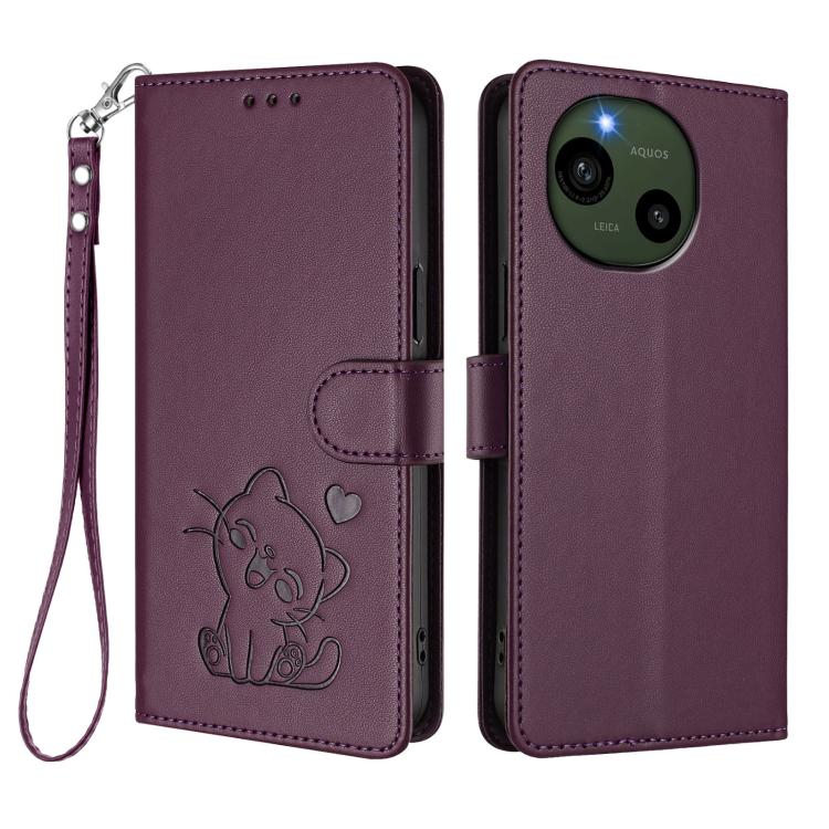 For Sharp Aquos R9 Embossed Heart Cat Leather Phone Case with Hand Strap