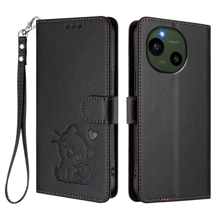 For Sharp Aquos R9 Embossed Heart Cat Leather Phone Case with Hand Strap