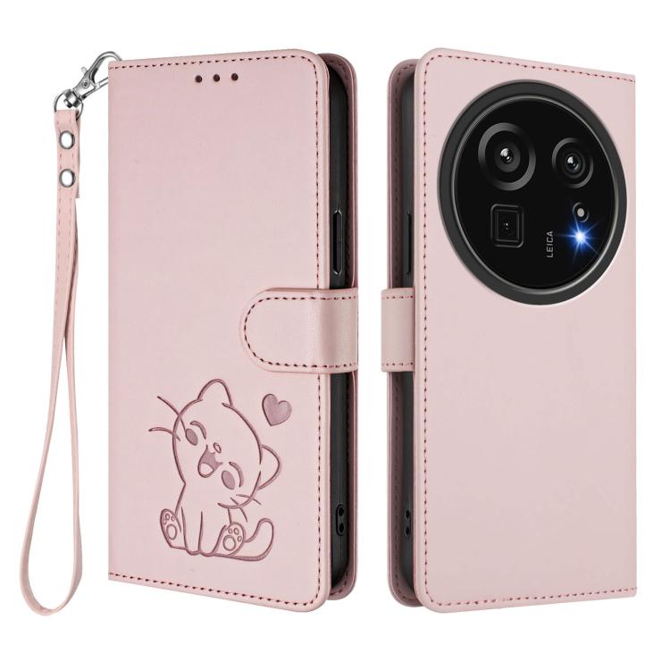 For Sharp Aquos R9 Pro Embossed Heart Cat Leather Phone Case with Hand Strap