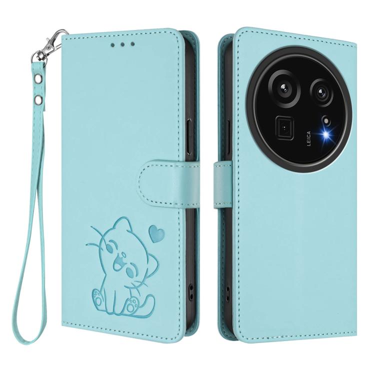 For Sharp Aquos R9 Pro Embossed Heart Cat Leather Phone Case with Hand Strap