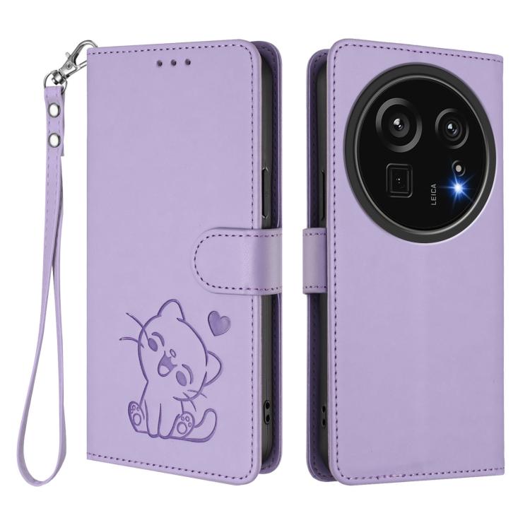 For Sharp Aquos R9 Pro Embossed Heart Cat Leather Phone Case with Hand Strap
