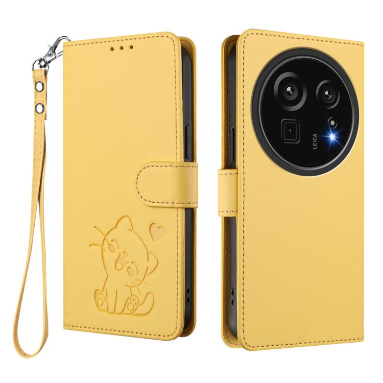 For Sharp Aquos R9 Pro Embossed Heart Cat Leather Phone Case with Hand Strap