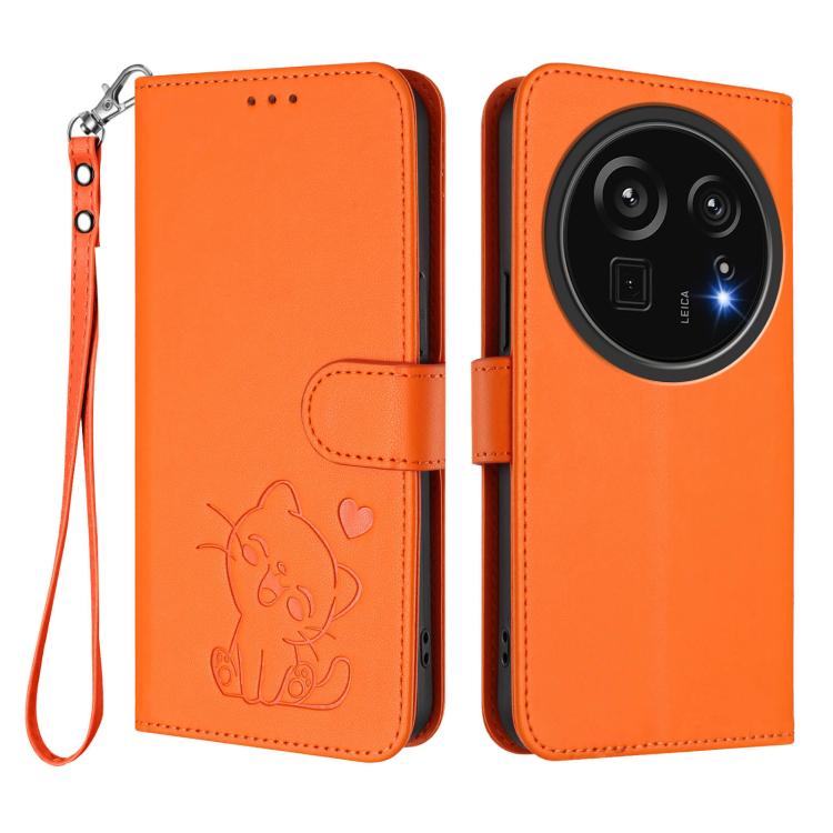 For Sharp Aquos R9 Pro Embossed Heart Cat Leather Phone Case with Hand Strap