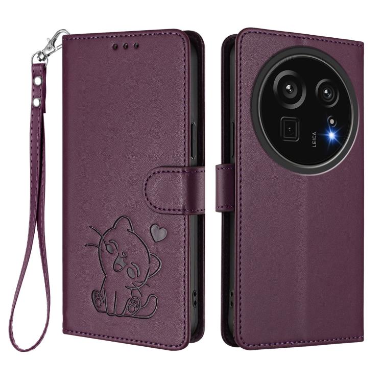 For Sharp Aquos R9 Pro Embossed Heart Cat Leather Phone Case with Hand Strap