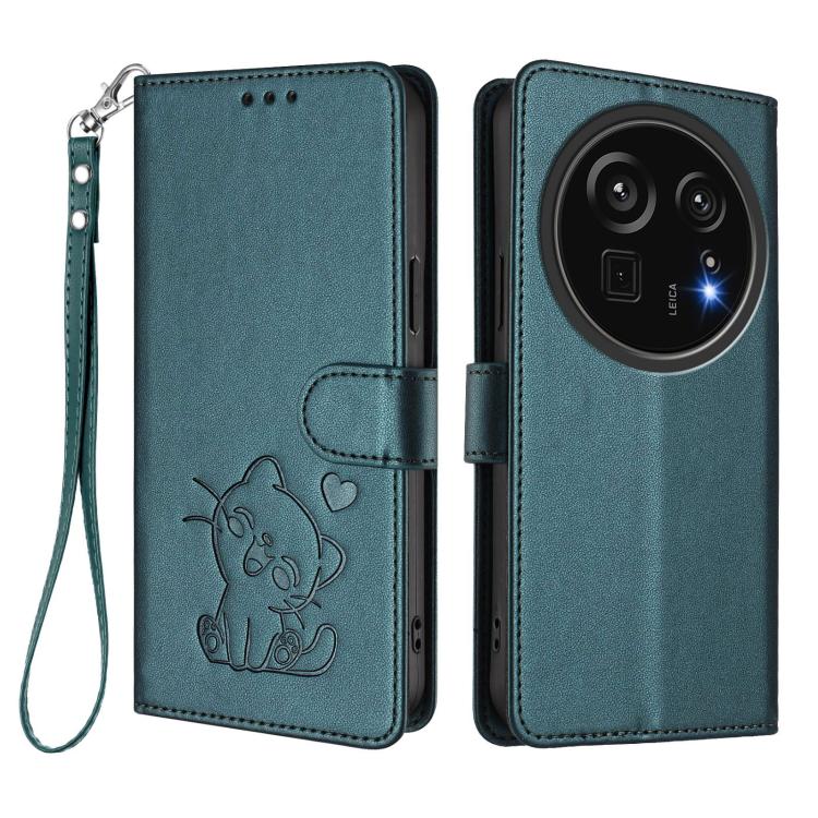 For Sharp Aquos R9 Pro Embossed Heart Cat Leather Phone Case with Hand Strap