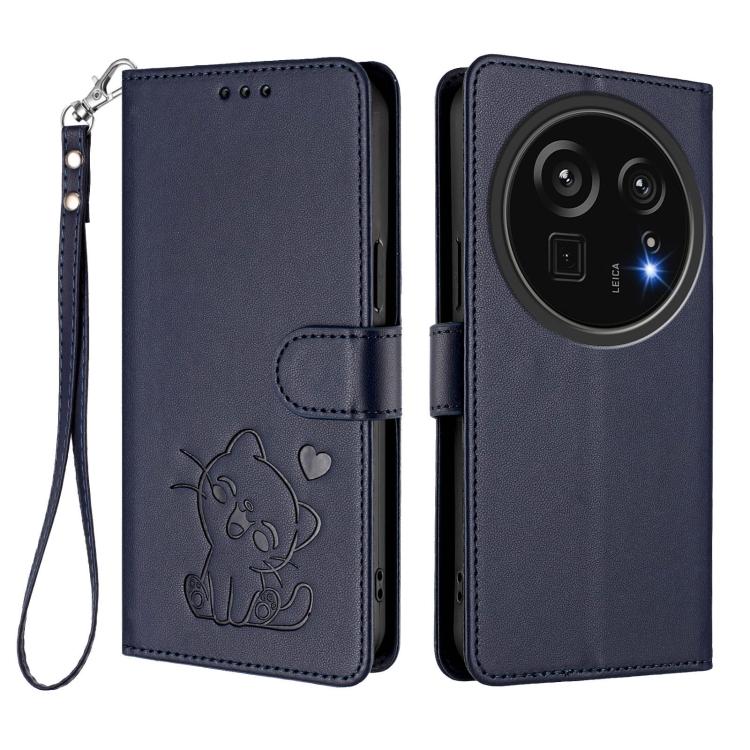 For Sharp Aquos R9 Pro Embossed Heart Cat Leather Phone Case with Hand Strap