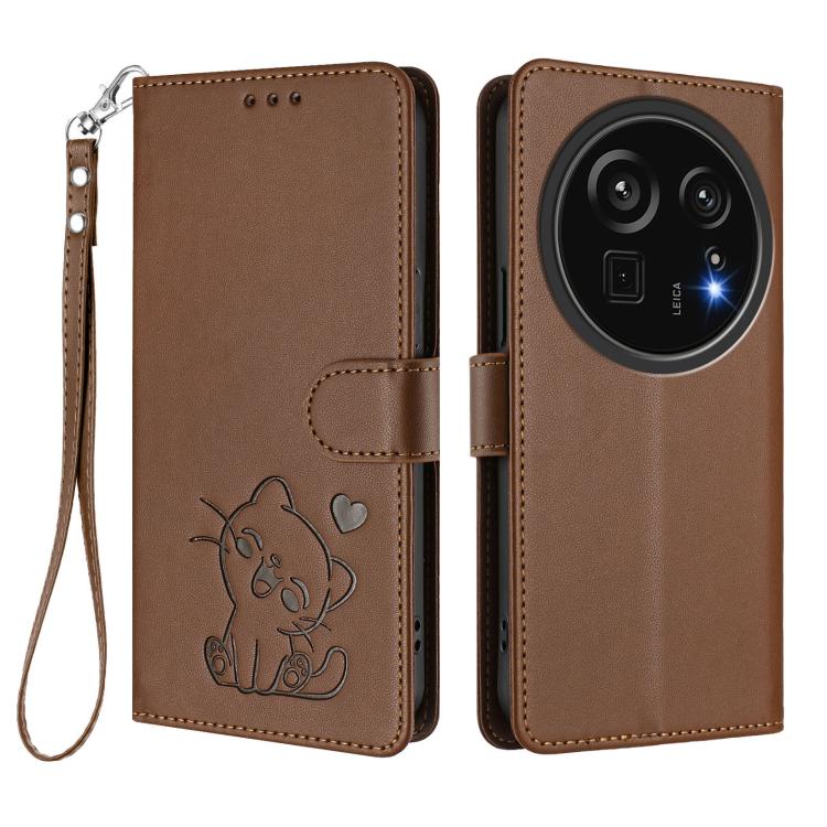For Sharp Aquos R9 Pro Embossed Heart Cat Leather Phone Case with Hand Strap