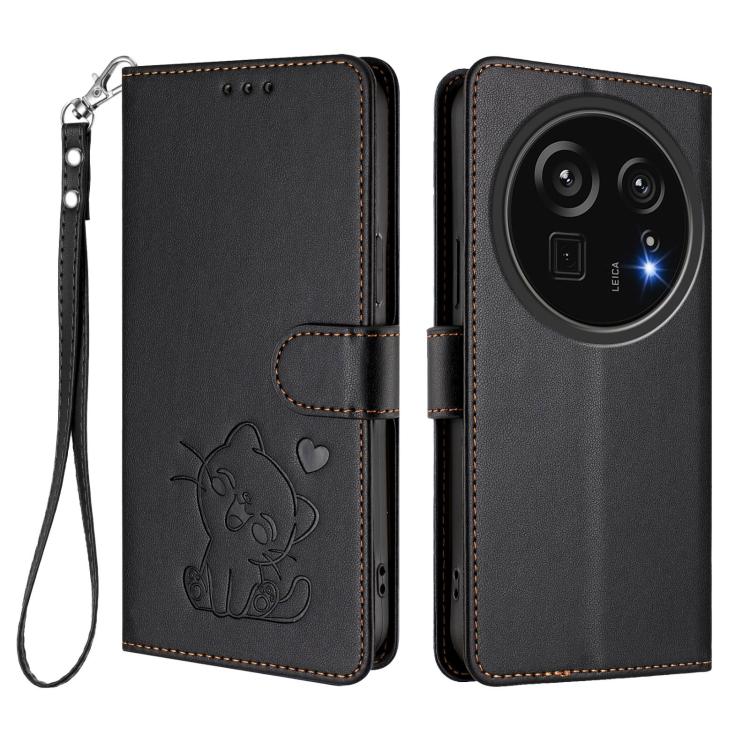 For Sharp Aquos R9 Pro Embossed Heart Cat Leather Phone Case with Hand Strap