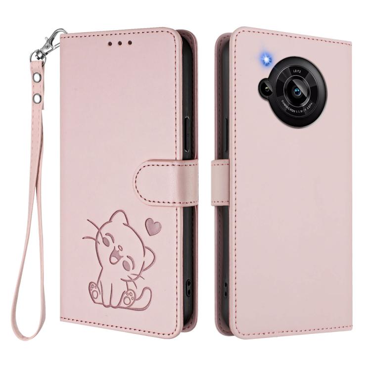For Sharp Aquos R7 Embossed Heart Cat Leather Phone Case with Hand Strap