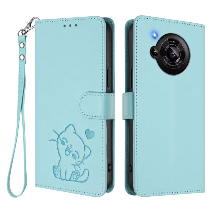 For Sharp Aquos R7 Embossed Heart Cat Leather Phone Case with Hand Strap