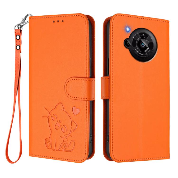 For Sharp Aquos R7 Embossed Heart Cat Leather Phone Case with Hand Strap