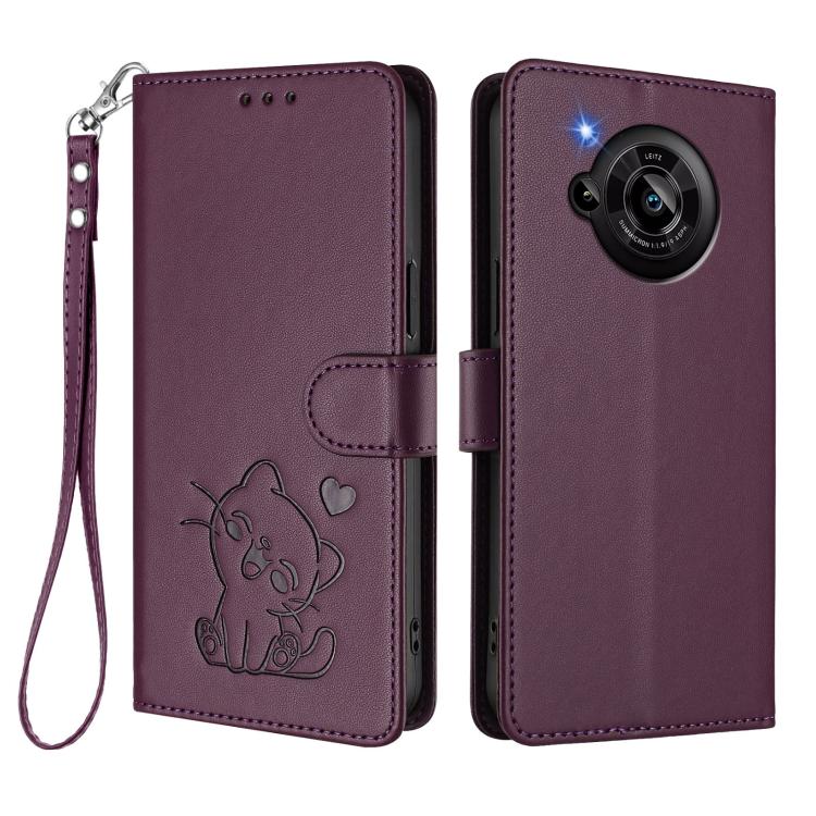 For Sharp Aquos R7 Embossed Heart Cat Leather Phone Case with Hand Strap