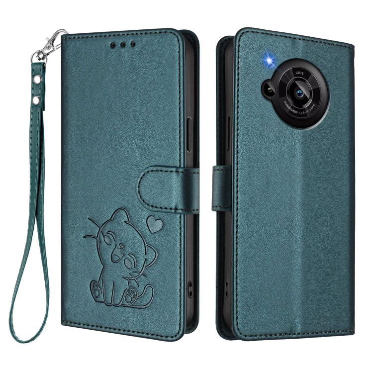For Sharp Aquos R7 Embossed Heart Cat Leather Phone Case with Hand Strap