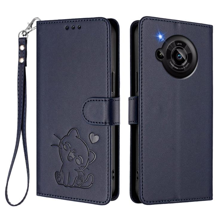 For Sharp Aquos R7 Embossed Heart Cat Leather Phone Case with Hand Strap