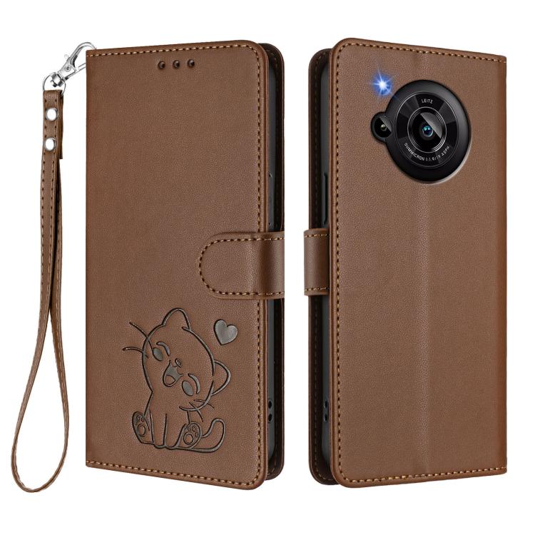 For Sharp Aquos R7 Embossed Heart Cat Leather Phone Case with Hand Strap