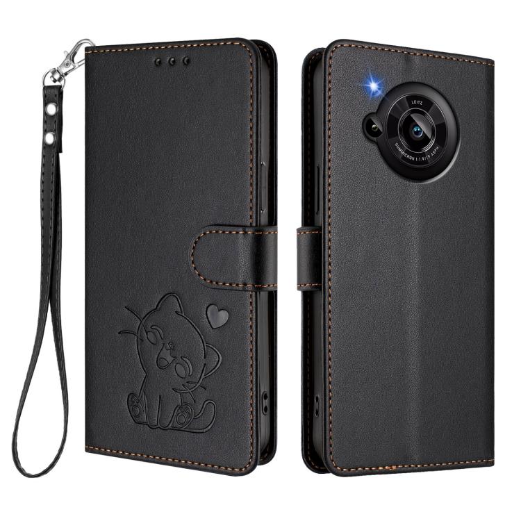 For Sharp Aquos R7 Embossed Heart Cat Leather Phone Case with Hand Strap