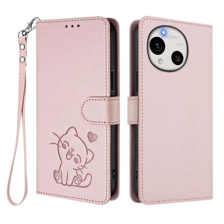 For Sharp Aquos R11 Embossed Heart Cat Leather Phone Case with Hand Strap