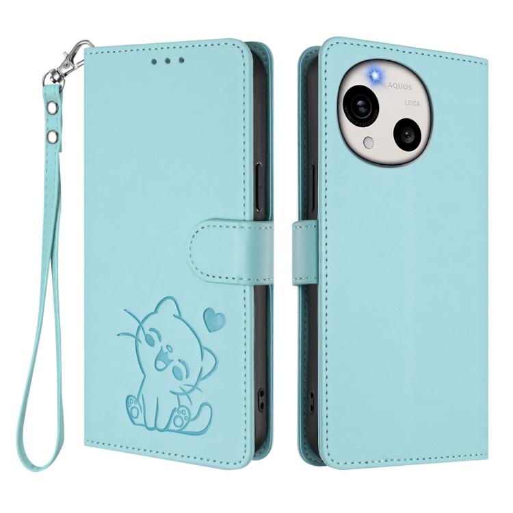 For Sharp Aquos R11 Embossed Heart Cat Leather Phone Case with Hand Strap