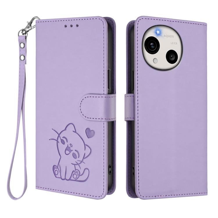 For Sharp Aquos R11 Embossed Heart Cat Leather Phone Case with Hand Strap