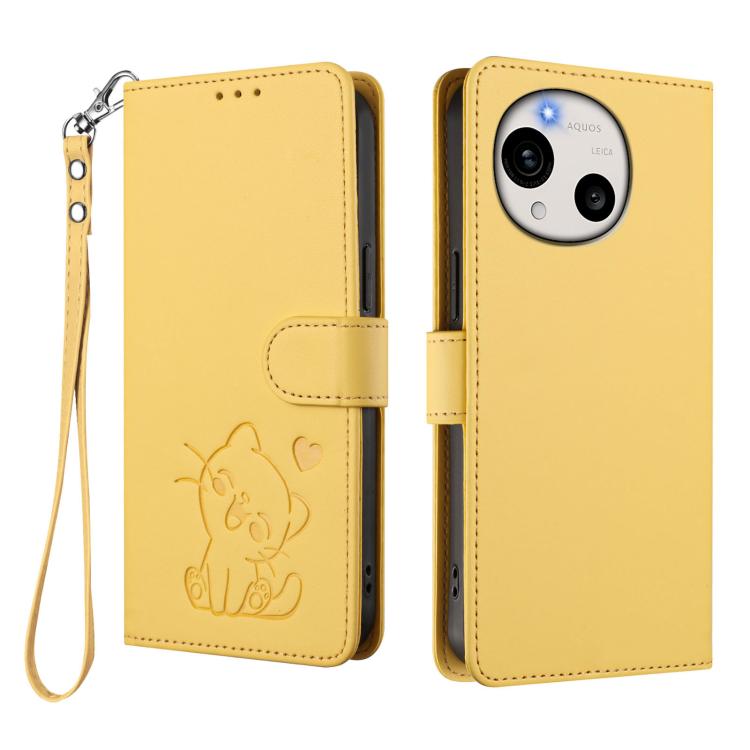 For Sharp Aquos R11 Embossed Heart Cat Leather Phone Case with Hand Strap