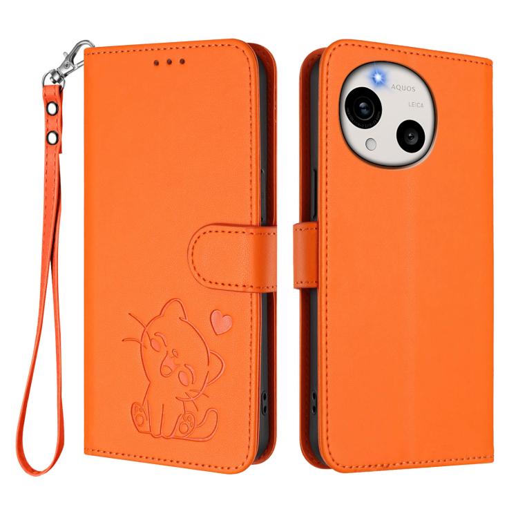 For Sharp Aquos R11 Embossed Heart Cat Leather Phone Case with Hand Strap