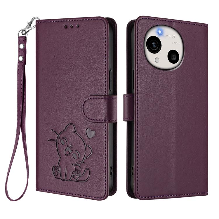 For Sharp Aquos R11 Embossed Heart Cat Leather Phone Case with Hand Strap
